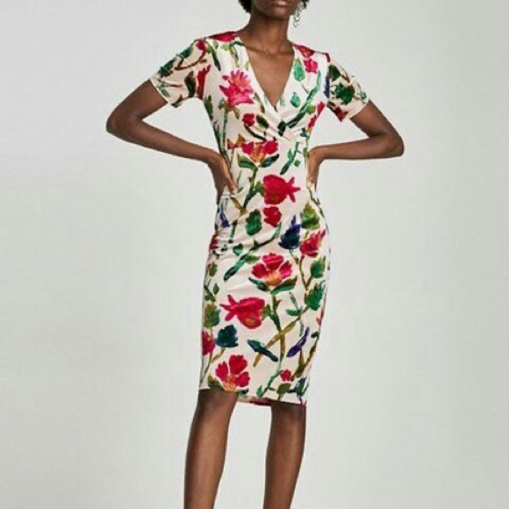 Zara Cream Floral Sheath Dress with Red, Green & Blue Print